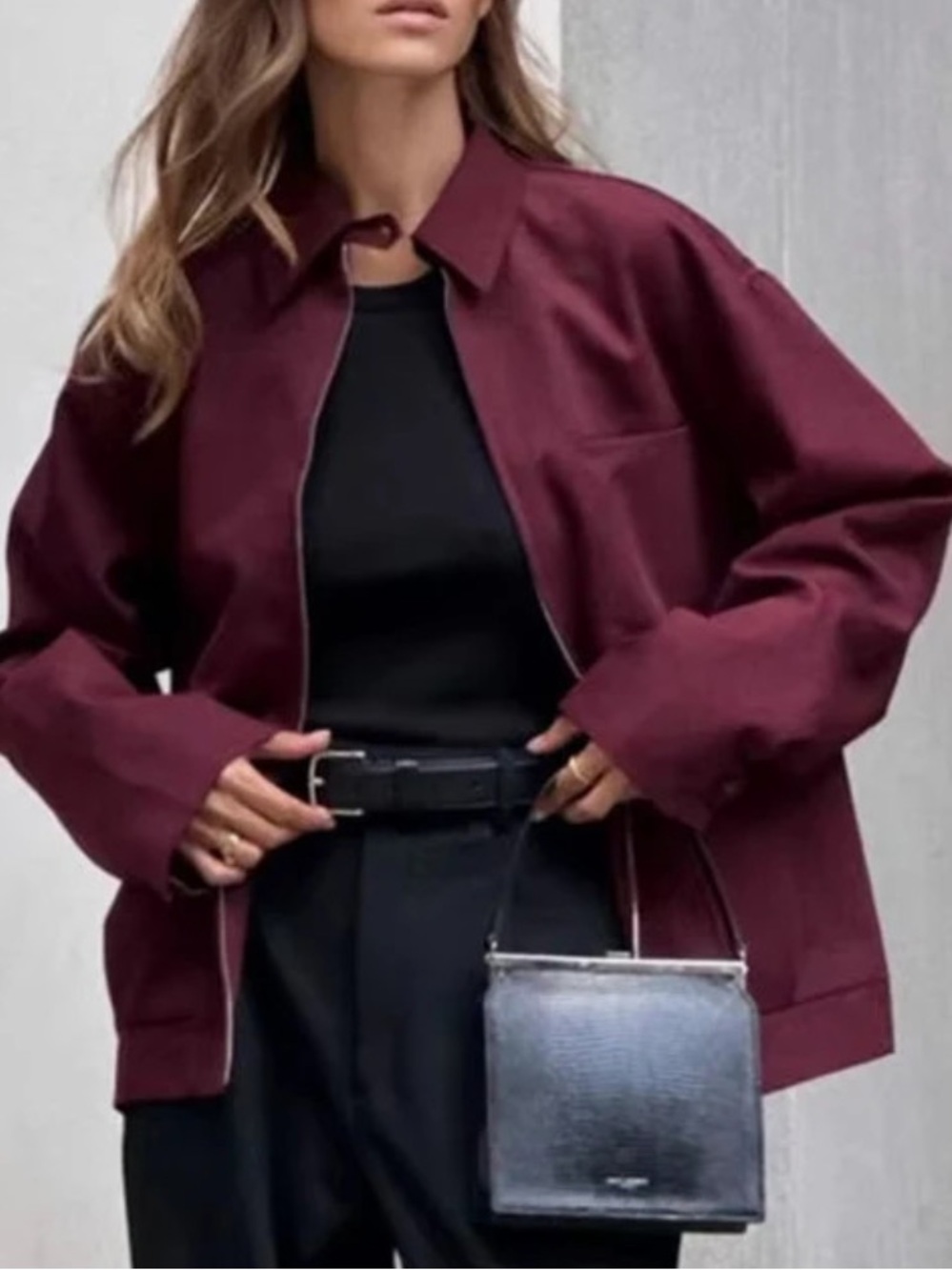 Zara Burgundy Zip-Front Bomber Jacket